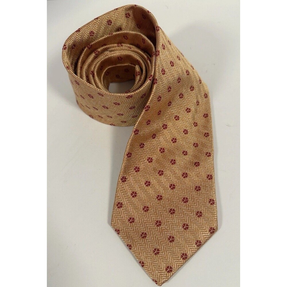 Ermenegildo Zegna Silk Tie Gold Herringbone Red Medallion Geometric Italy